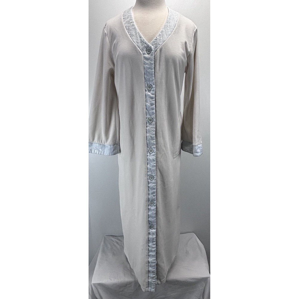 Vtg Diamond Tea Velvet Robe Sz Medium Women's Ivory Blue Jacquard Trim Pockets